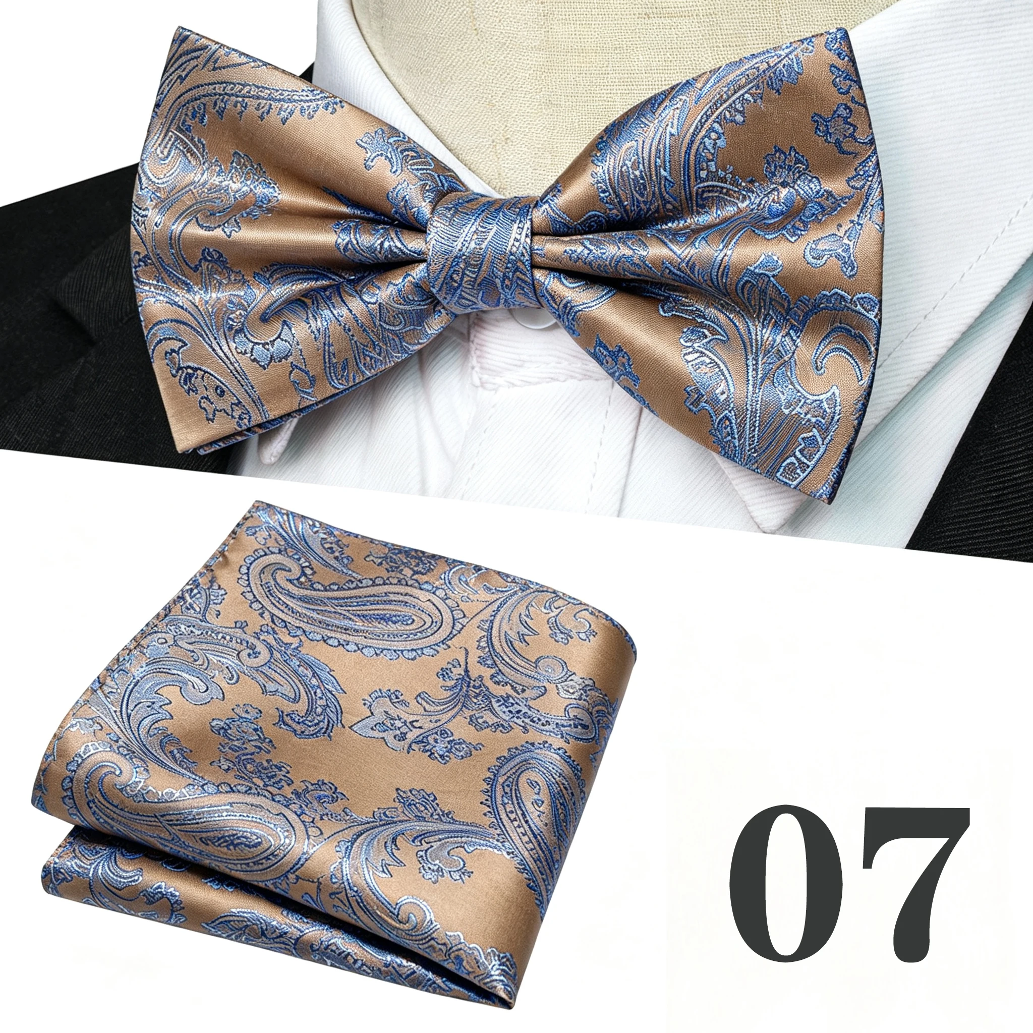 Luxuriöses Paisley-Muster Seidenfliege und passendes Einstecktuch-Set für Herren – Elegantes formelles Accessoire für Hochzeiten und Galas – Detail 14