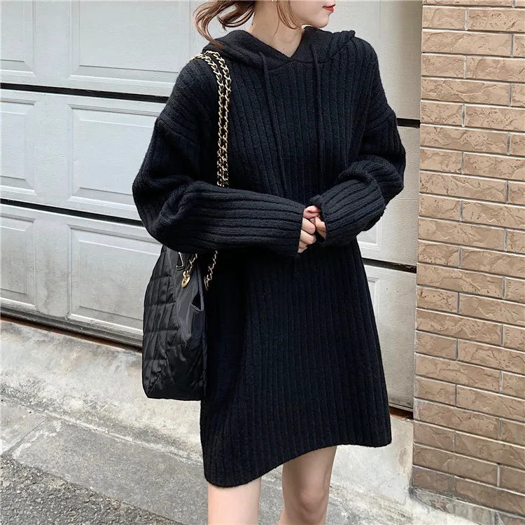 Hooded Midi Knit Pullovers Women Fall Winter Loose Thickened Long Sleeve Sweaters Top 3 Colors