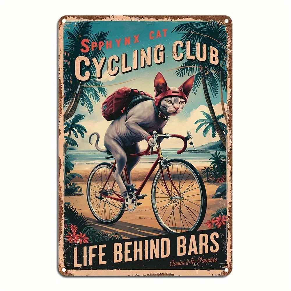 Vintage Tin Sign - Retro Bicycle Club & Funny Cat Cycling Art Decor, 12x8 Inch Metal Wall Sign for Home Bar Office