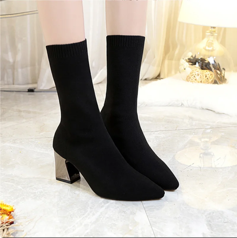 Autumn winter elastic fabric ankle boots women\'s shoes pointed thick heel stretch boots knitted stockings sizes 34-43