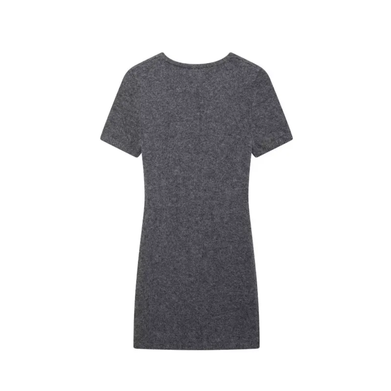 TRAF Women Metal Decal Knitted Dress Autumn Elastic Slim Button Pullover Midi Dress Short Sleeve Mini Dress Casual Female Dress