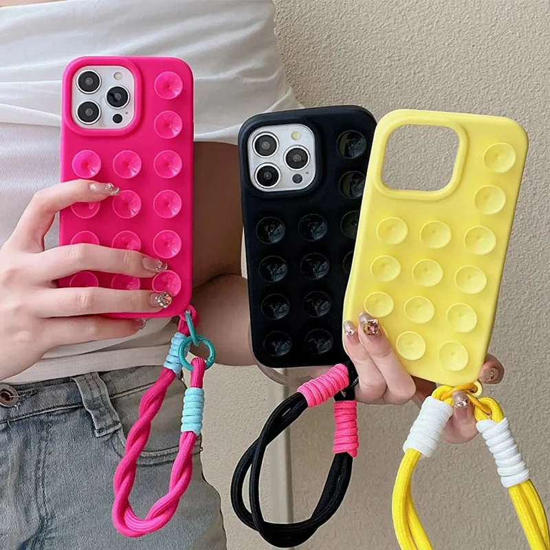 Модные чехлы для телефонов на присоске с ремешком на запястье для iPhone 13 Pro 16 14 15 12 11 Pro Max Plus Cute Candy Liquid Silicone Cover
