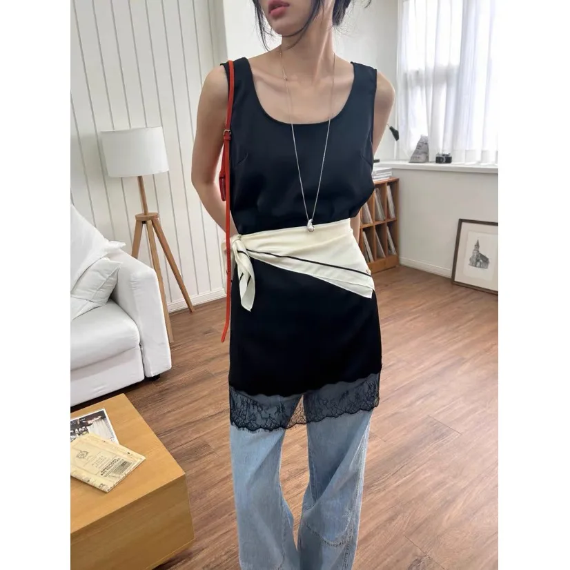 

Handmade Lace Midi Dress Chic Casual Style Satin Patchwork Korean Fashion 2026 Summer New Arrival Women's Loose Fit Top