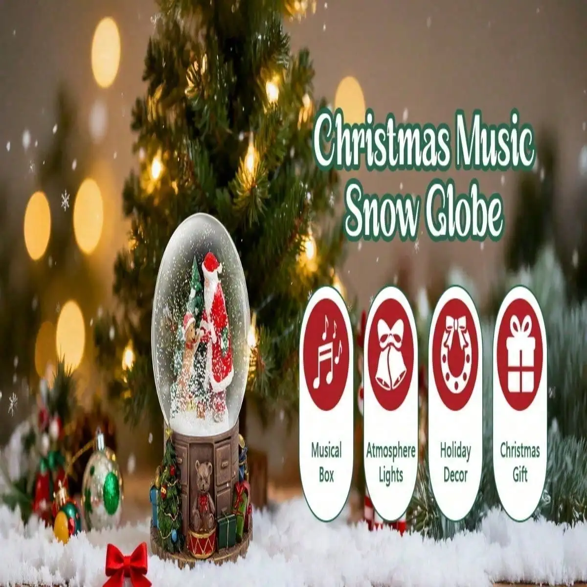 Christmas Snow Globe  Santa With Dancing Dogs Scene, Holiday Music Box For Kids