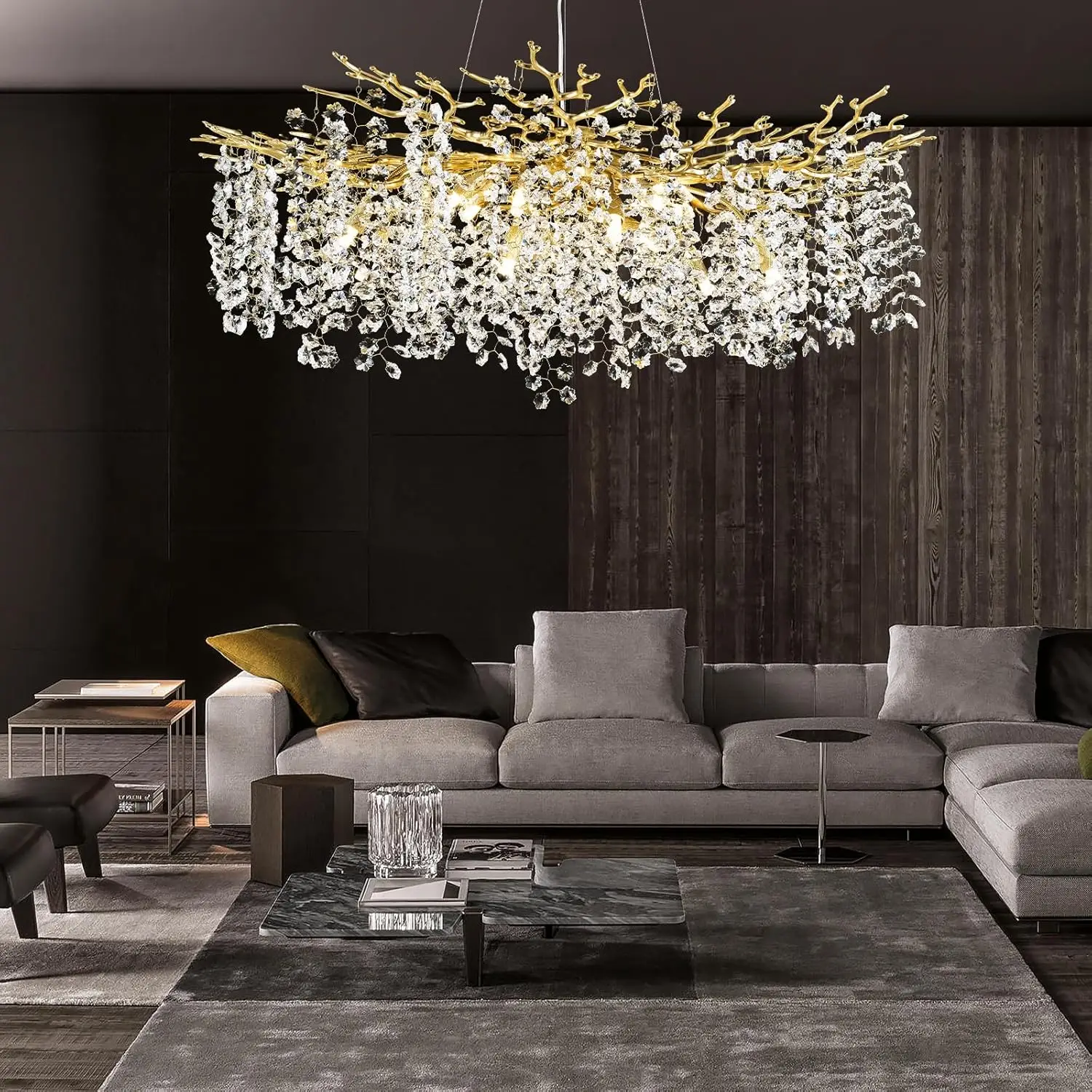 Tree Branch Gold Crystal Chandeliers for Dining Room Round High Ceiling Chandeliers Large Modern Lights Fixture for Kitchen