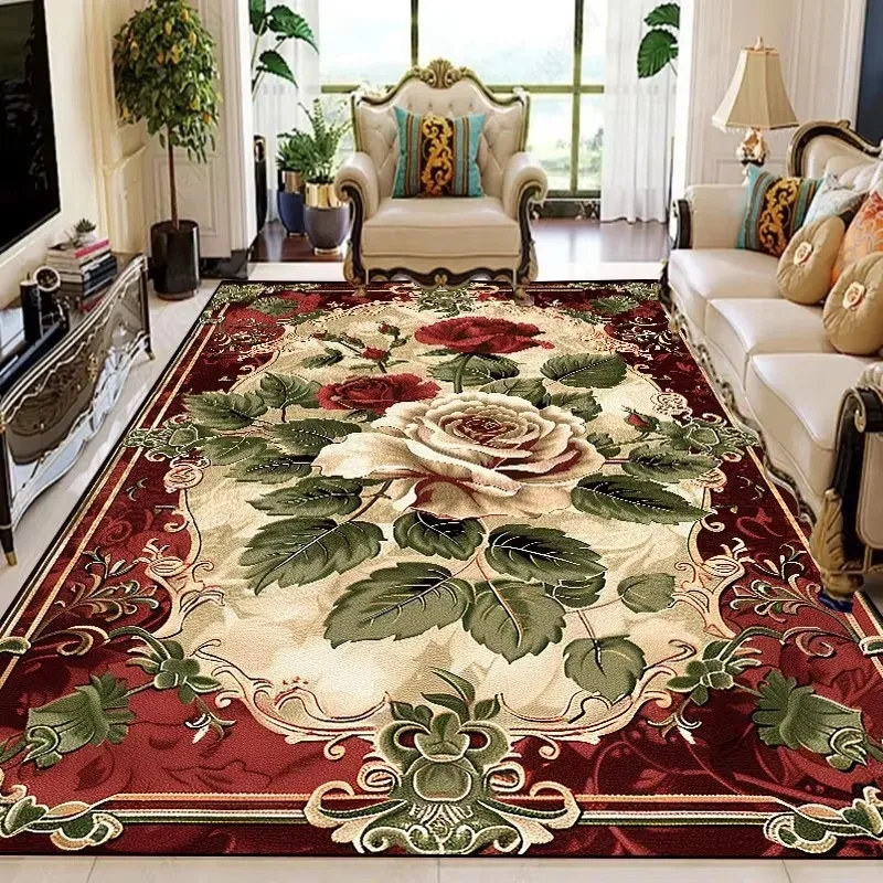 VIKAMA European-Style Rug with Large Floral Pattern on a Red Background—Washable, Non-Slip Living Room Sofa Rug for Home Decor