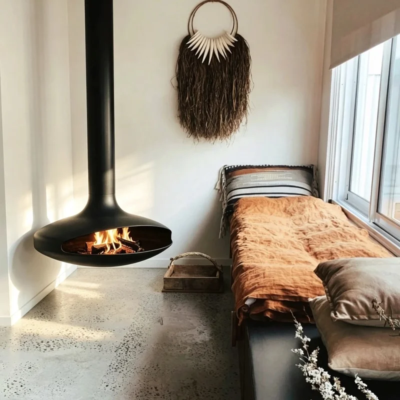 Modern Suspended Wood Burning Fireplace with 360° Swivel Luxury Home Interiors