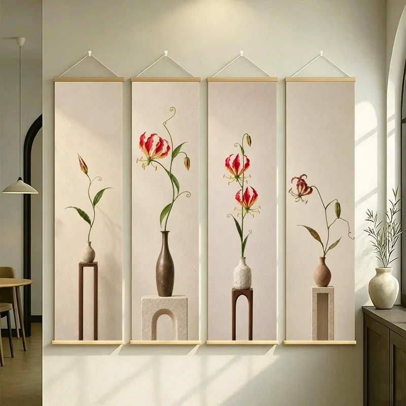 Gloriosa Lily Wall Art 4-Panel Red Flower Vase Scroll Set on Cream Silver Shimmer Canvas for Artistic Living Room Decor