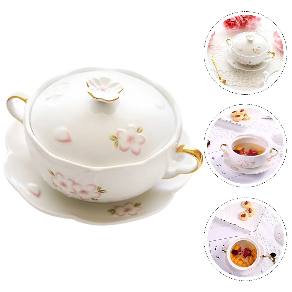 

1Set Multi-Function Double Handle Soup Bowl Premium Materials Deep Thick Design Suitable for Various Steamed Stewed Food Home