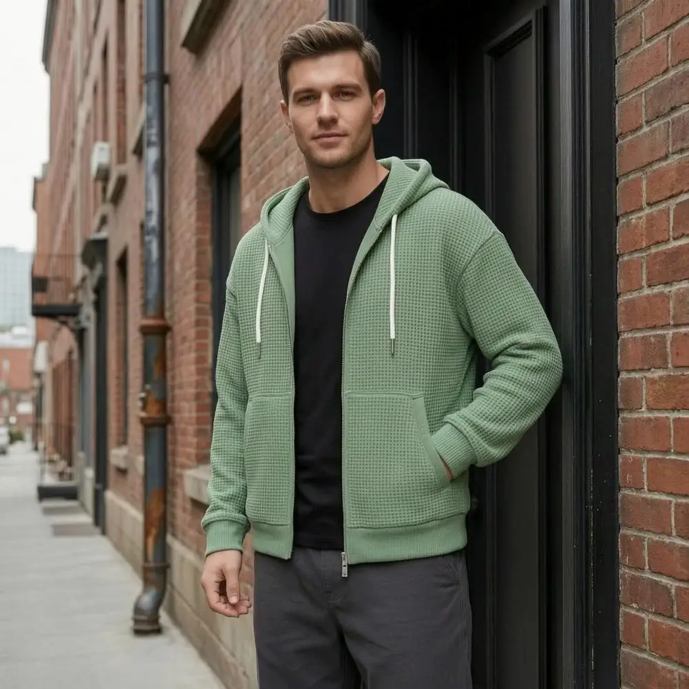 Mens Casual Waffle Jacket Men's Waffle Knit Hooded Jacket with Adjustable Hood Zip Up Sweatshirt Outerwear Long Sleeve Training