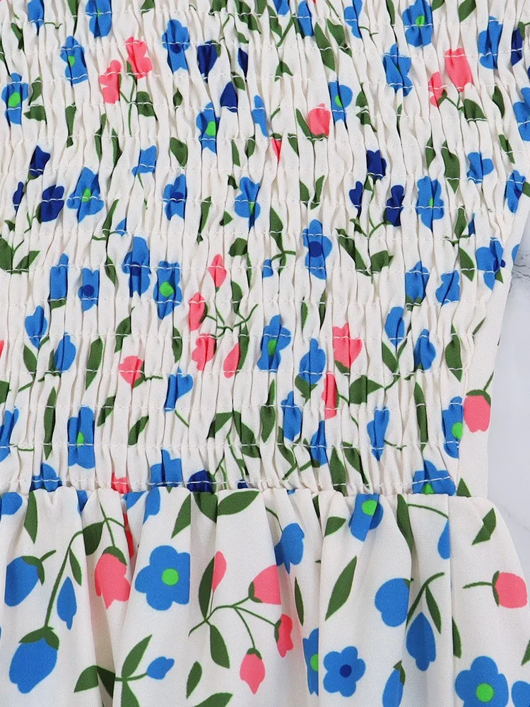 Summer New Fashion Simple Casual Dress V-neck High Waist Flared Sleeves Pleated Small Flower Temperament Commuting Dresses