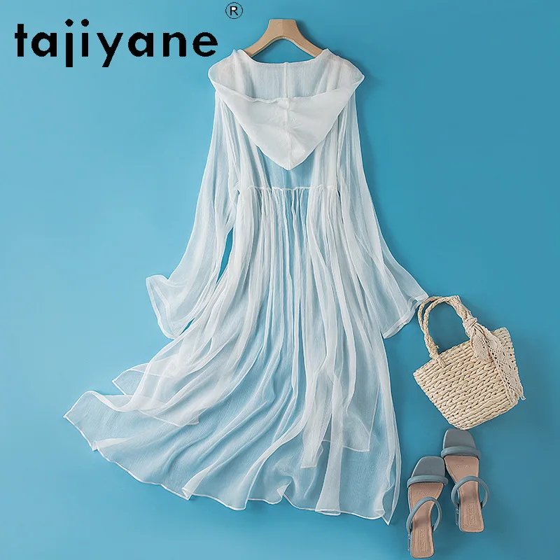 بلوزة TAJIYANE 100% من حرير التوت الحقيقي سترة حريرية طويلة أنيقة مع غطاء محرك السيارة معطف شال ملابس صيفية 2025 ملابس للسيدات