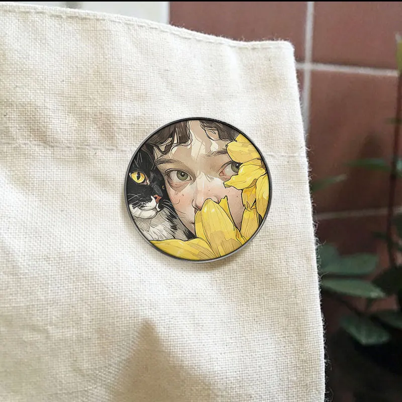 Boy Sunflower And Black Cat UV Printing Badge Art Painting Cat Pin Aesthetic Animal Metal Brooch Gift For Art Lovers