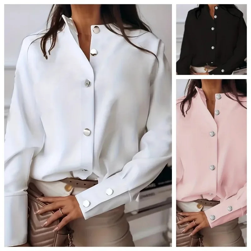 

Блузка женская с воротником-стойкой и длинным рукавом, на пуговицах