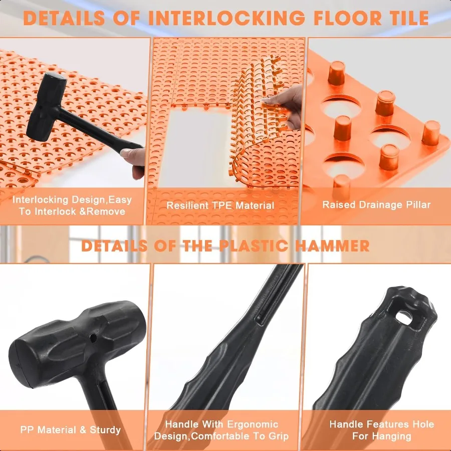 بلاط الصرف وحدات بلاط الأرضيات المتشابكة مع 1 قطعة مطرقة بلاستيكية 12 "× 12" وسادة حصيرة عدم الانزلاق المطاط الكلمة حصيرة مع H #3