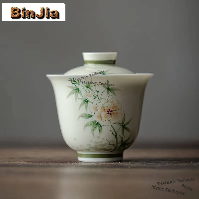 

Зеленая чаша с фруктовым покрытием 120 мл, домашняя ручная работа, искусственные пионы, анти-ожоги, Gaiwan Zen Tea Tureen, подарки для китайского чайника