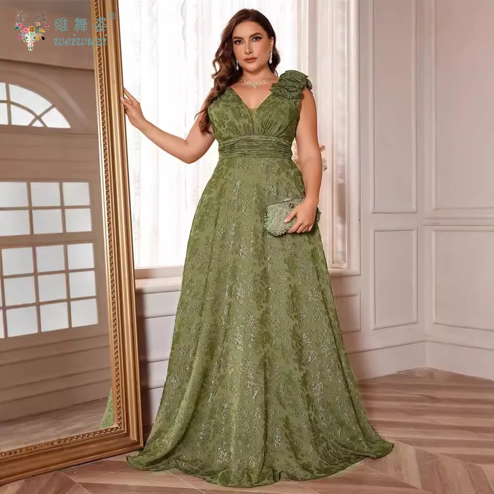Verde oliva plus size até o chão vestido com decote em v sem mangas cintura alta sem costas elegante e elegante vestidos de festa à noite