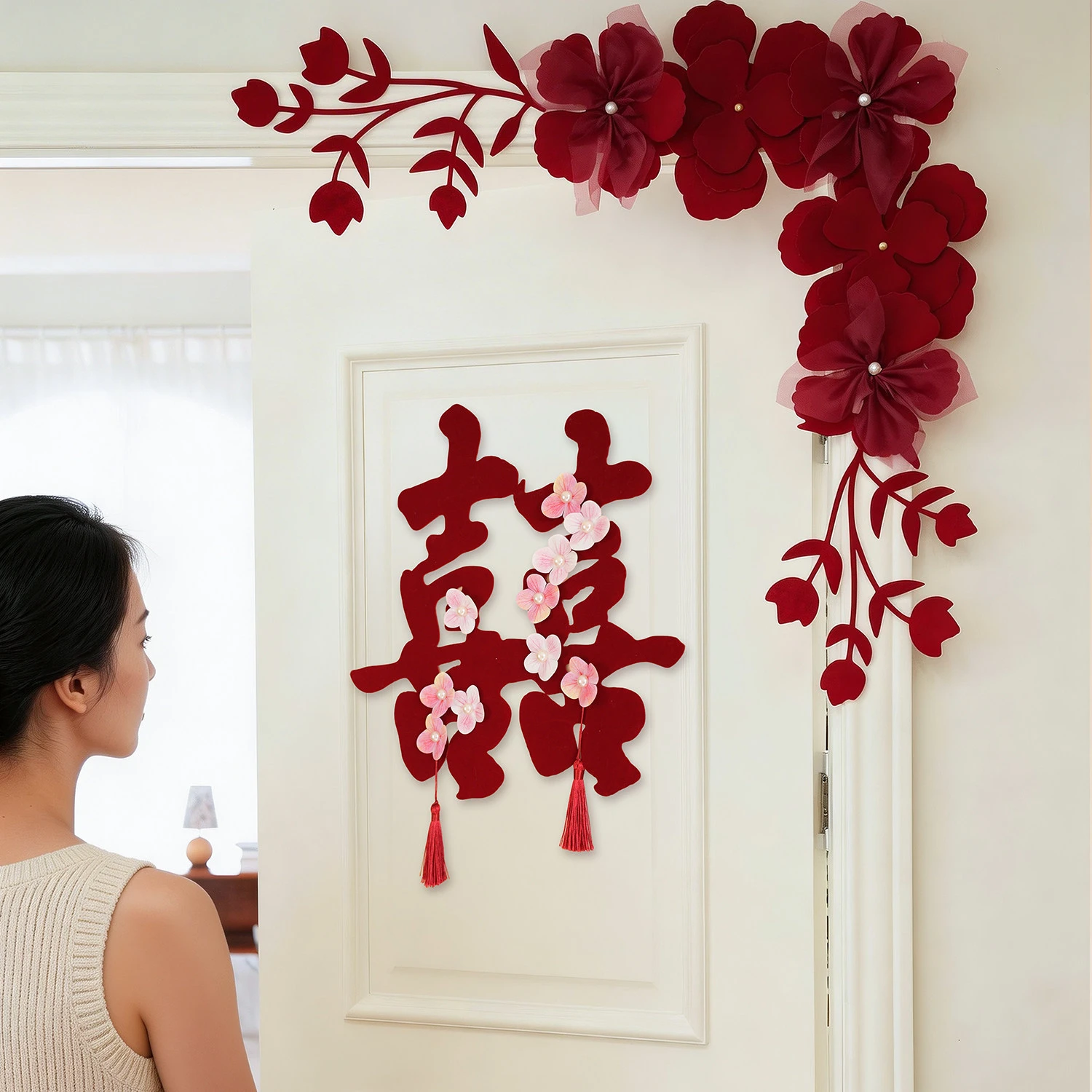 

Chinese-style “Xizi” Decorations for Wedding Room Decor Festive Wedding Entrance Door Garlands and Tassels Photo Backdrop Wall