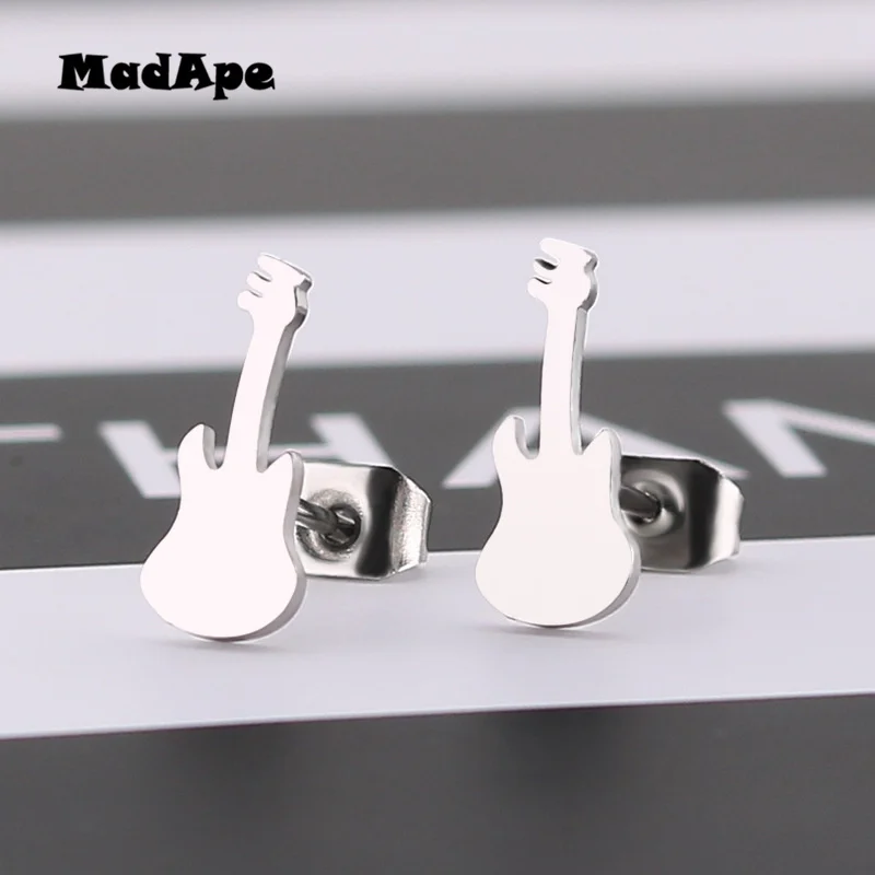 MadApe Cute Guitar Stainless Steel Stud Earrings 2019 New Silver Color Black Gold Color Earrings For Women Fashion Jewelry