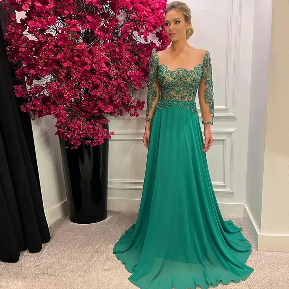 

Elegant Green Lace Long Sleeves Mother of the Bride Dresses Chiffon Scoop Floor Length Women's A-Line Party Dress for Wedding