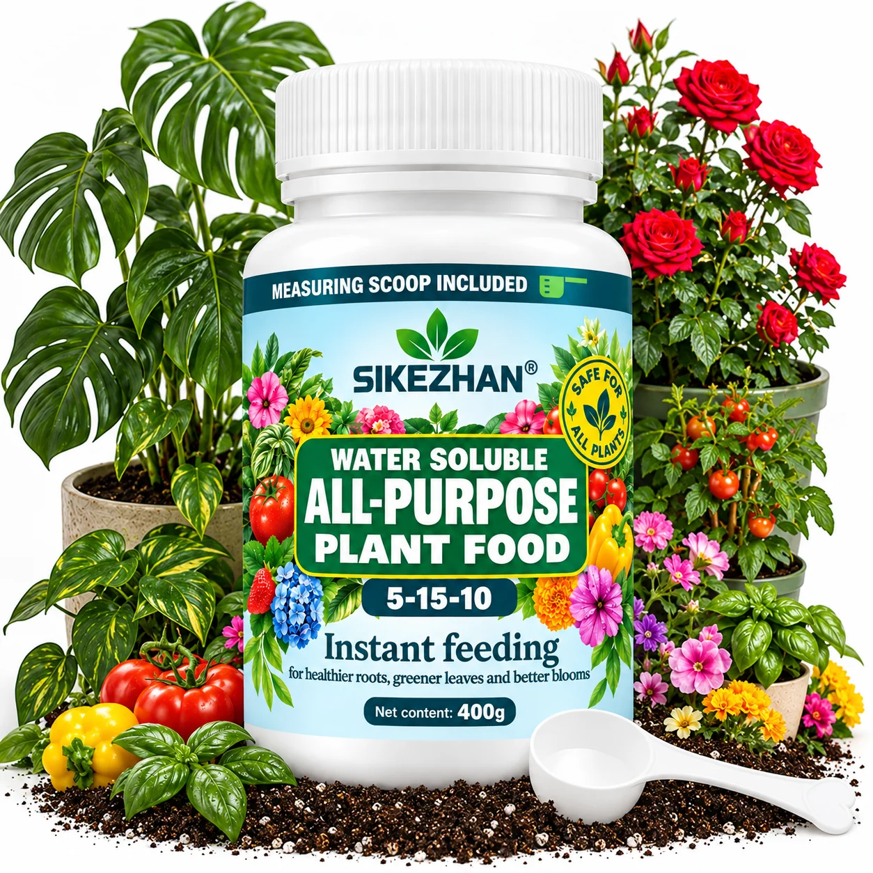 SIKEZHAN Water Soluble All Purpose Plant Food 400g 5-15-10 Fertilizer Instant Feeding for Strong Roots Greener Leaves with Scoop