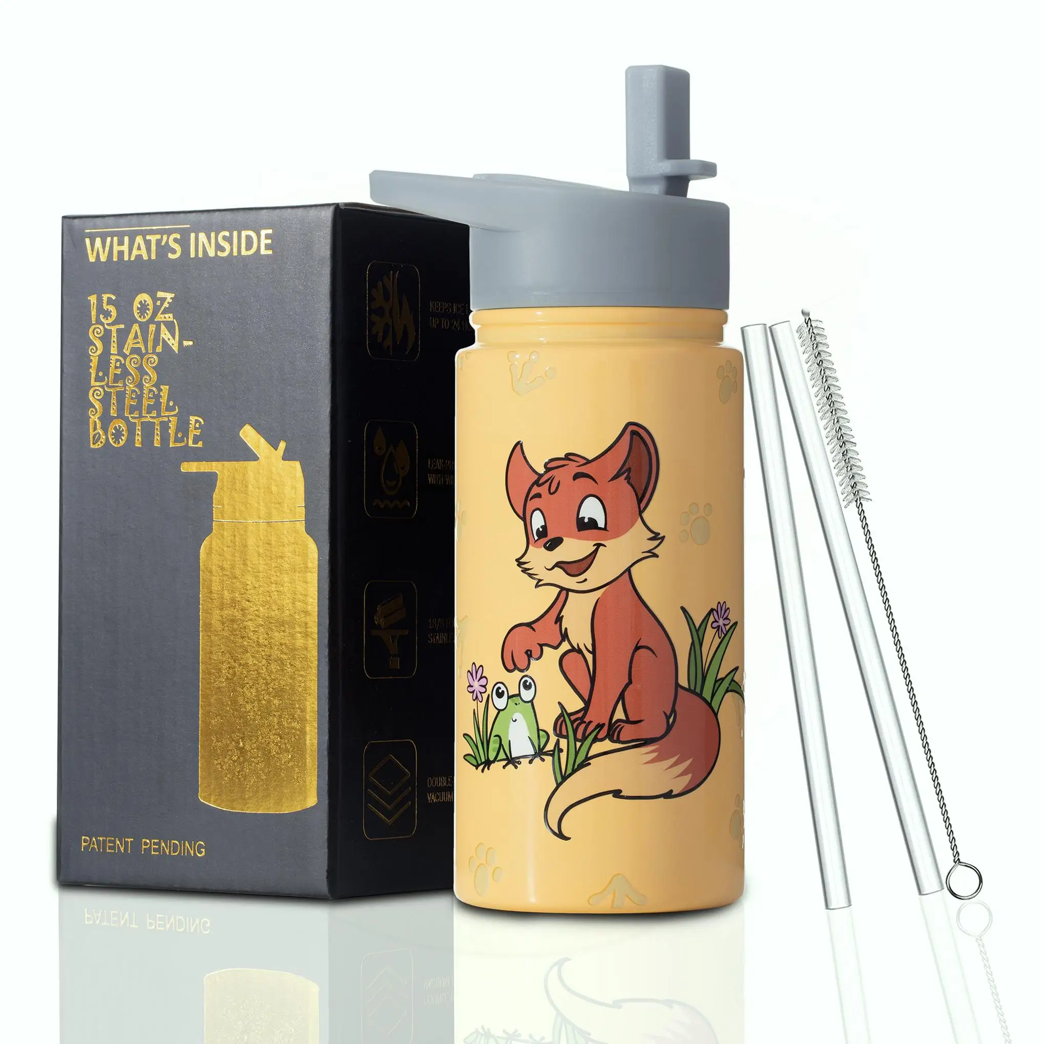 

Fox Theme 15oz Kids Water Bottle – Stainless Steel, Vacuum Insulated, Flip Straw Lid, Dishwasher Safe