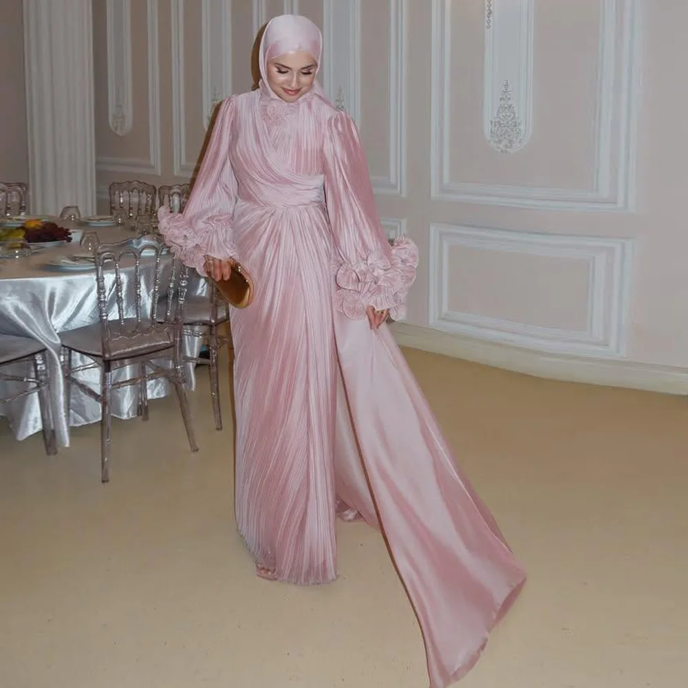 hijabi prom dresses Sky Blue High Collar Muslim Muslim prom dresses with Beading and Long Sleeves