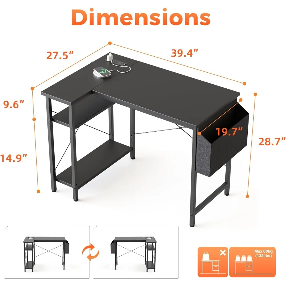 Compact Corner Gaming Desk with Power Outlets and Reversible Storage Shelves for Small Spaces and Enhanced Study Setup