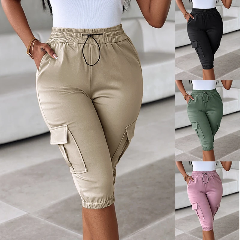 

Female Retro Overalls Harajuku Streetwear Khaki casual patch pocket elastic cropped trousers 2024 Spring sport pants Jogging pan