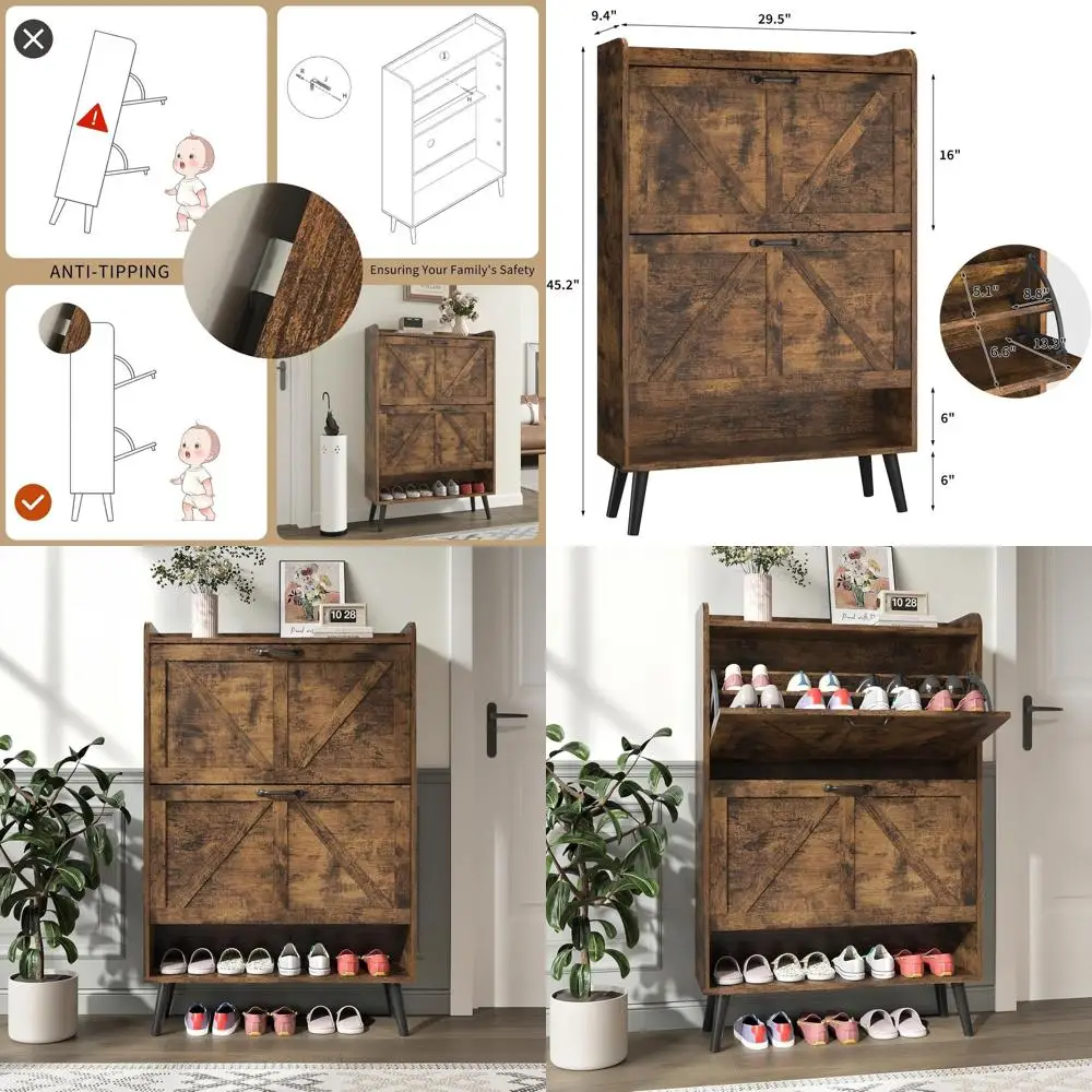 

Rustic Brown Slim Shoe Cabinet with 2 Drawers, Farmhouse Style Entryway Organizer