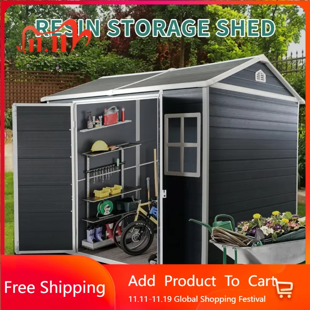 

8x6ft Outdoor Storage Shed with Floor, 2 Windows, Lockable Door & 2 Vents, Garden Tools, Bicycle, Trash Cans, Resin Storage Shed