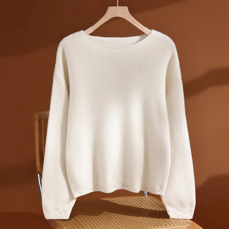 100% Premium Merino Wool Women;s Pullover Sweater Boat Neck Long Sleeve Soft Fluffy Commuter Loose Jumper Fall Winter Outfit