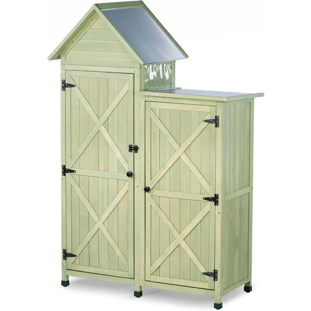 

Outdoor Storage Cabinet - Waterproof Metal Roof & Wooden Vertical Design, Tall Garden Tool Shed with Multiple Shelves for Patio,