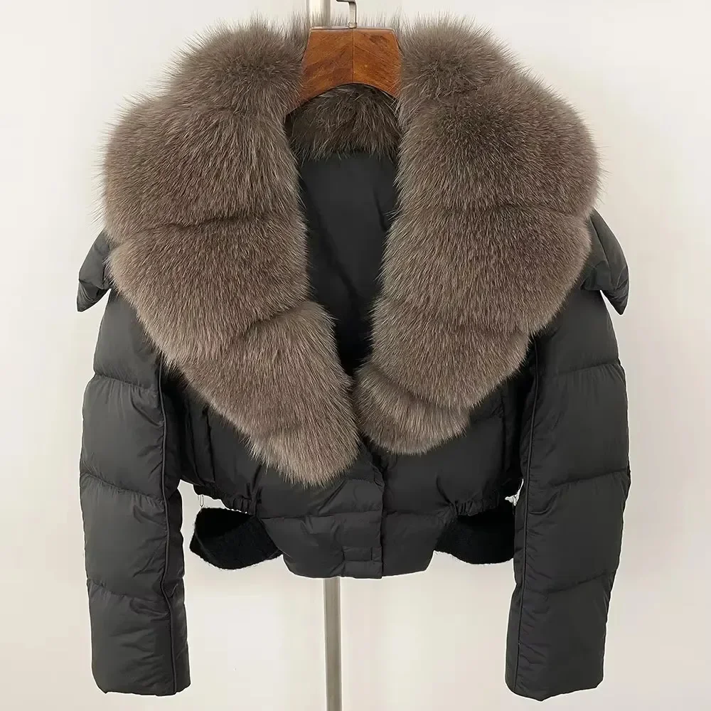 أسفل سترة المرأة الأبيض بطة أسفل معطف سميكة الدافئة ملابس خارجية الطبيعية ريال الراكون الثعلب الفراء طوق معطف 2024 جديد الشتاء مقنعين