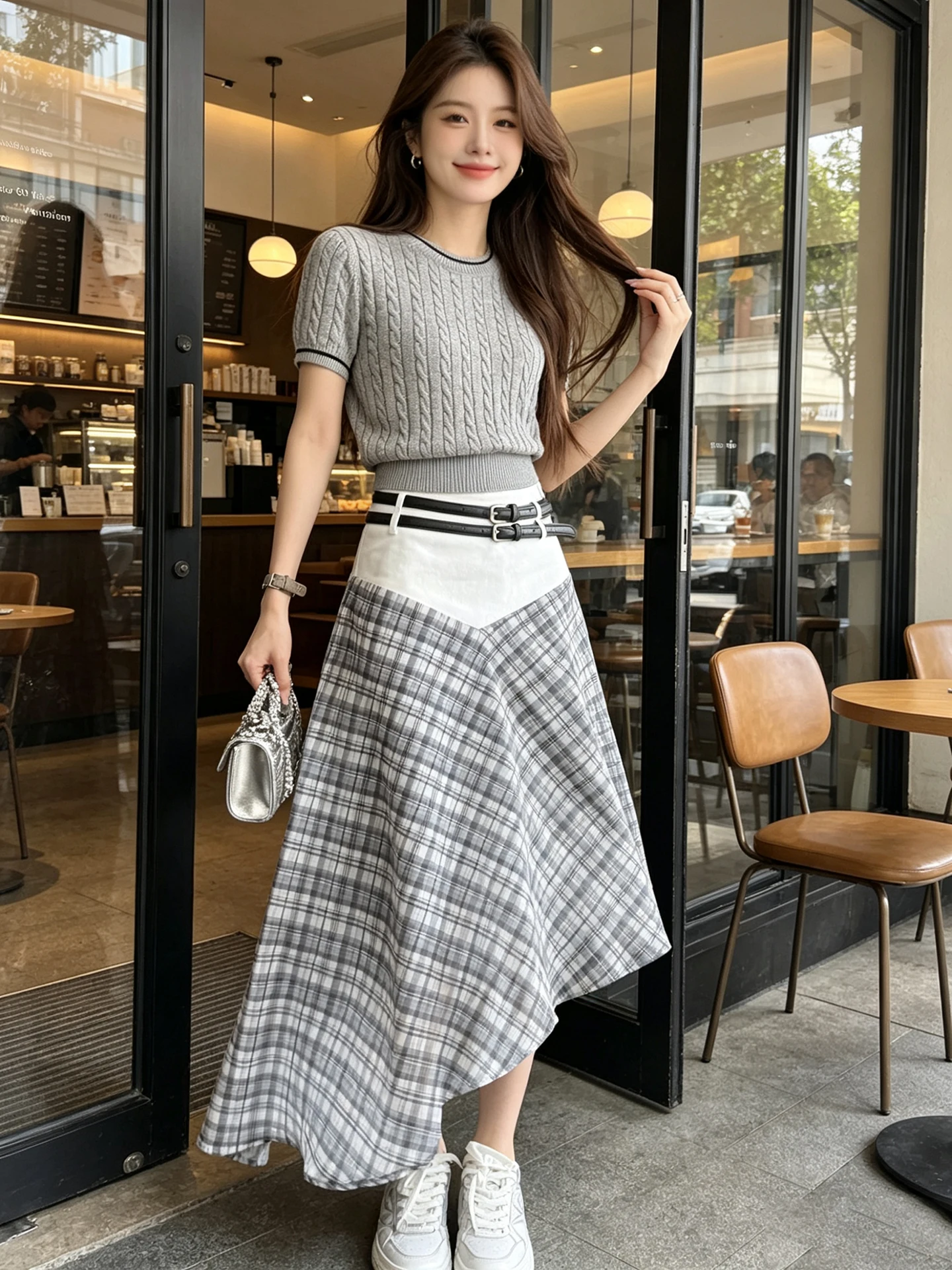 

Korean Design Plaid Skirt Double Belt High Waist Draped A-Line Long Summer Skirts for Women Commute Skin-friendly Breath...
