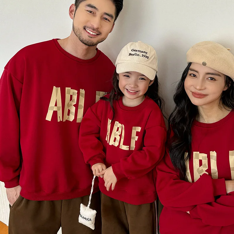 Winter Mom Dad and Son Daughter Matching Warm Sweatshirts Family Thick Long Sleeve Tops Korean Parents and Children Same Clothes