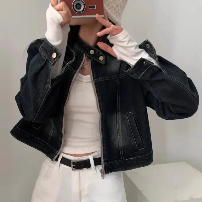 

Chic Vintage Stand Collar Long Sve Zipper Denim ort Jaet Women Loose Fit Versatile Autumn Outerwear Commute Sle