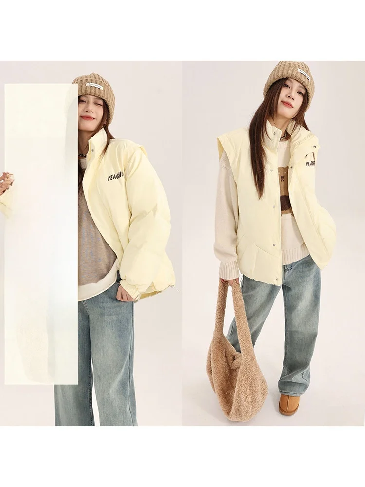 

Yellow Letter Printed Cotton Jacket Women's Short Stand Collar Casual Slimming Thickened Zipper Closure Korean Style Coat