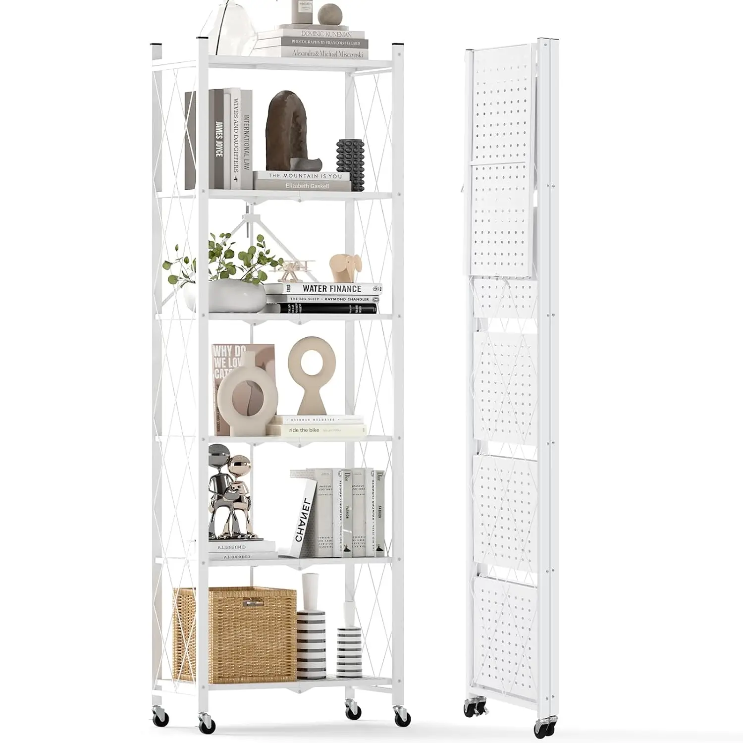 6-Shelf Folding Bookcase with Wheels, Heavy Duty Storage Shelves, Freestanding Metal Wire Shelving Unit, Customized