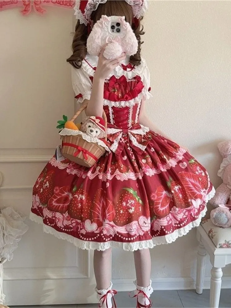 Cute Original Design Strawberry Story Lolita Dress Women's Summer Strapless JSK Dress Puffy Skirt One-Shoulder Casual Wear