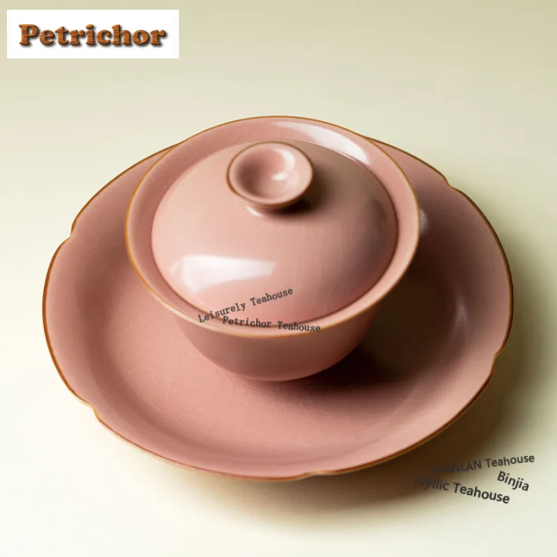 120ml Ru Kiln Powder Open Slice Gaiwan Ancient Tea Tureen Tea Bowl With Lid Kit Tea Making Cover Bowl Cafes Pot Bearing Gift