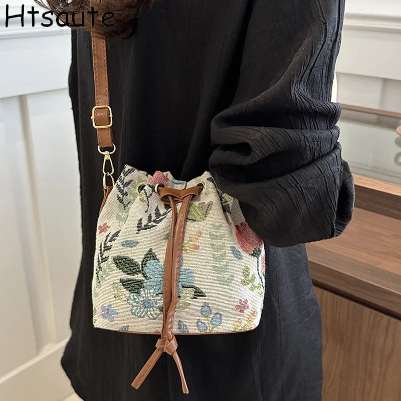 

Fashion Drawstring Shoulder Bags Travel Casual Canvas Tote Bag Large Capacity Waterproof Crossbody Bucket Bag Women