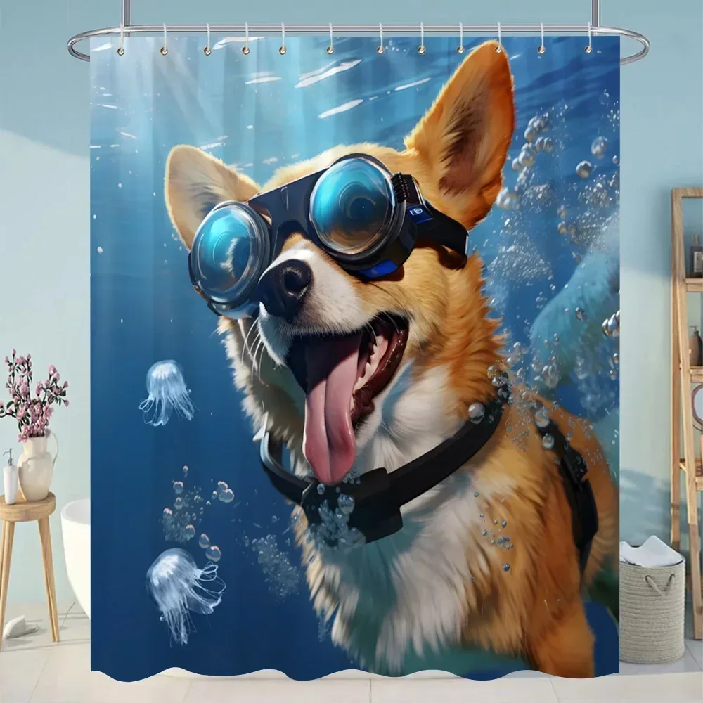 Funny Diving Cat Shower Curtain Cartoon Animals Oil Painting Style Polyester Washable Shower Curtains Bathroom Decor with Hooks