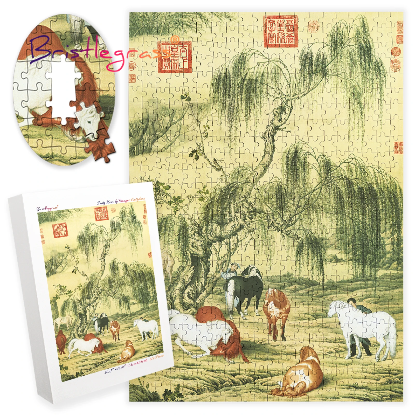 BRISTLEGRASS Wooden Jigsaw Puzzles 520 1000 Pieces Pretty Horse Castiglione Chinese Painting Qing Dynasty Collectibles Toy Decor