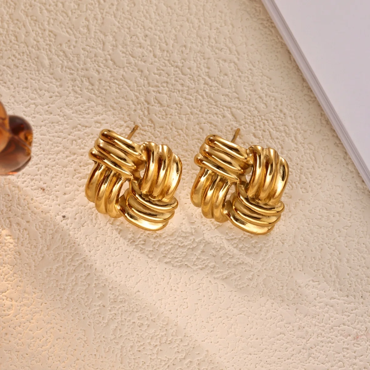 Vintage Classic Geometric Knot Earrings For Women Gold Color Square Textured Stud Earrings Anti-Tarnish Waterproof Jewelry