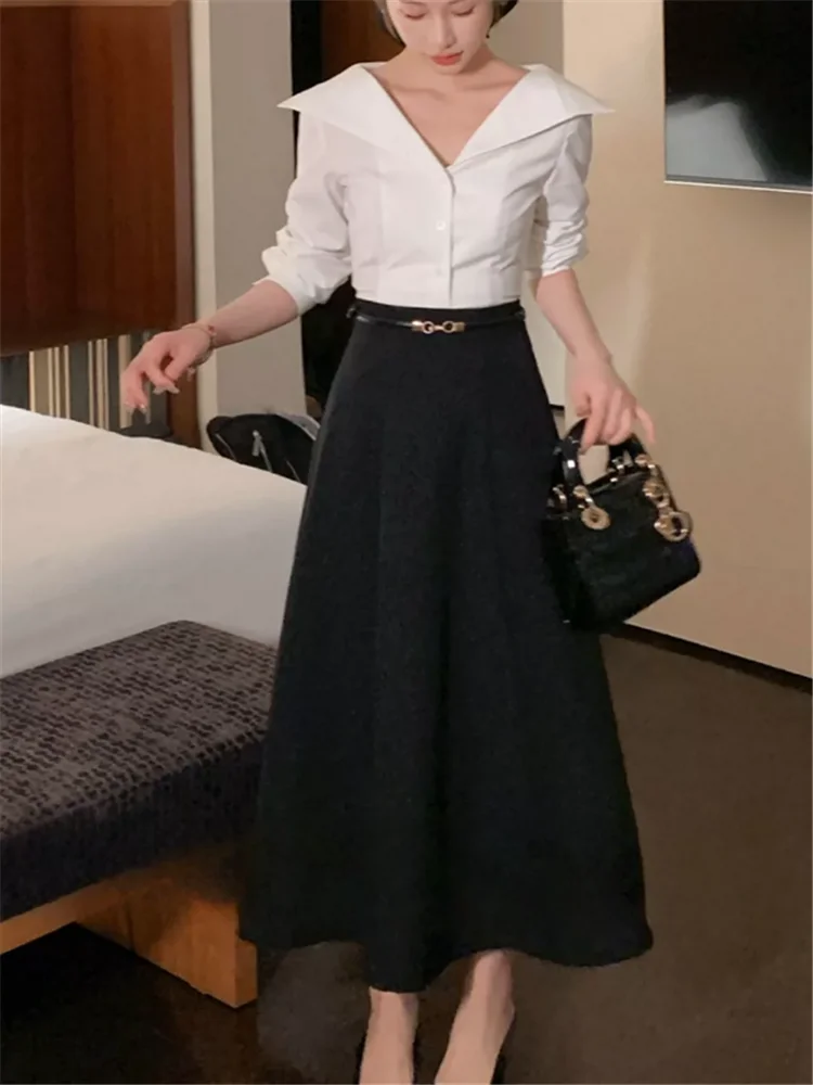 French Stunning Elegant Lapel Collar V Neck White Slim Shirt New 2026 Fall Long Sleeve Casual Top Blusa Chic Office Lady Blouse