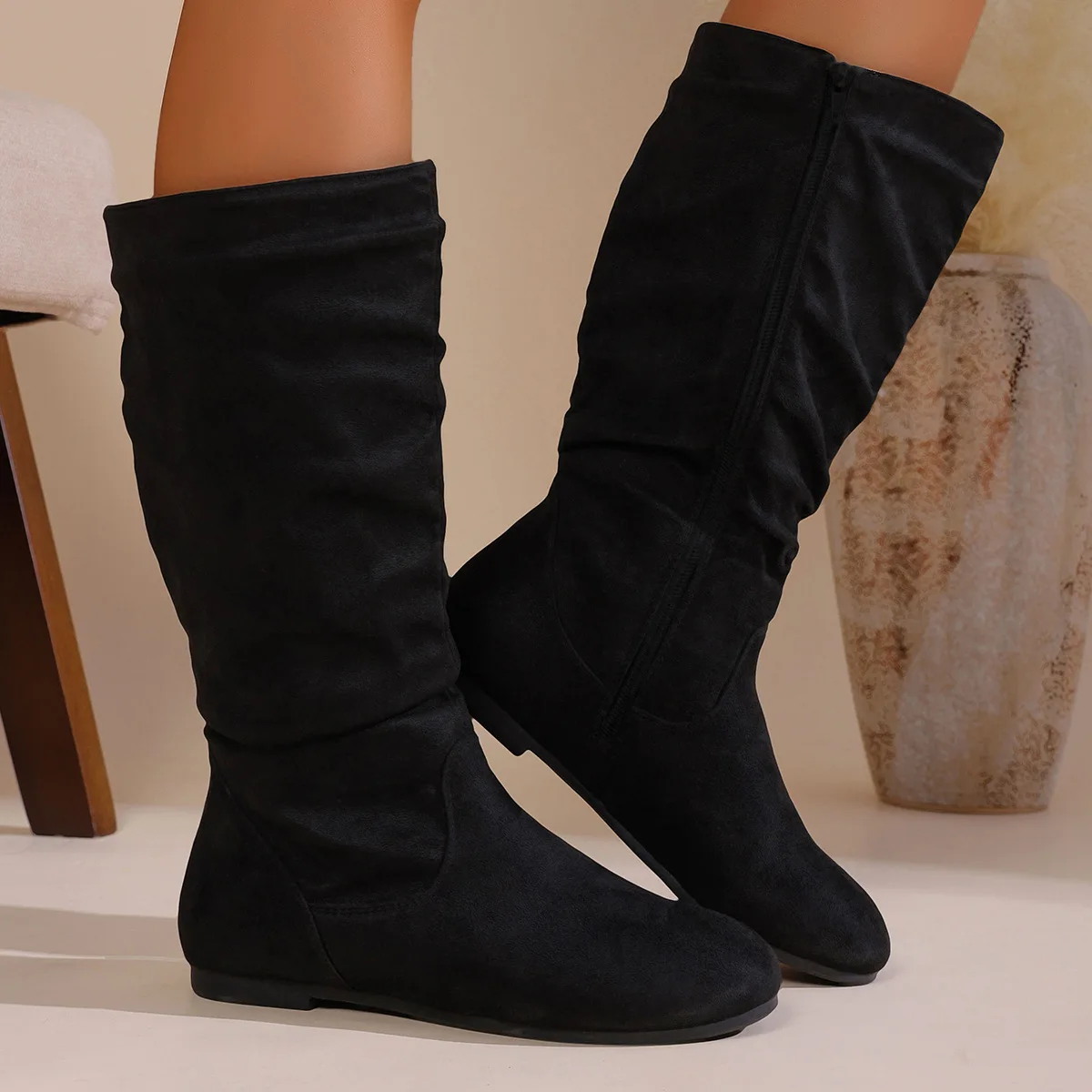 

Pleated Design Slip on Western Boots for Woman Flat Suede Flock Thick Heels Cowboy Boots Woman Side Zipper Mid-calf Short Botas