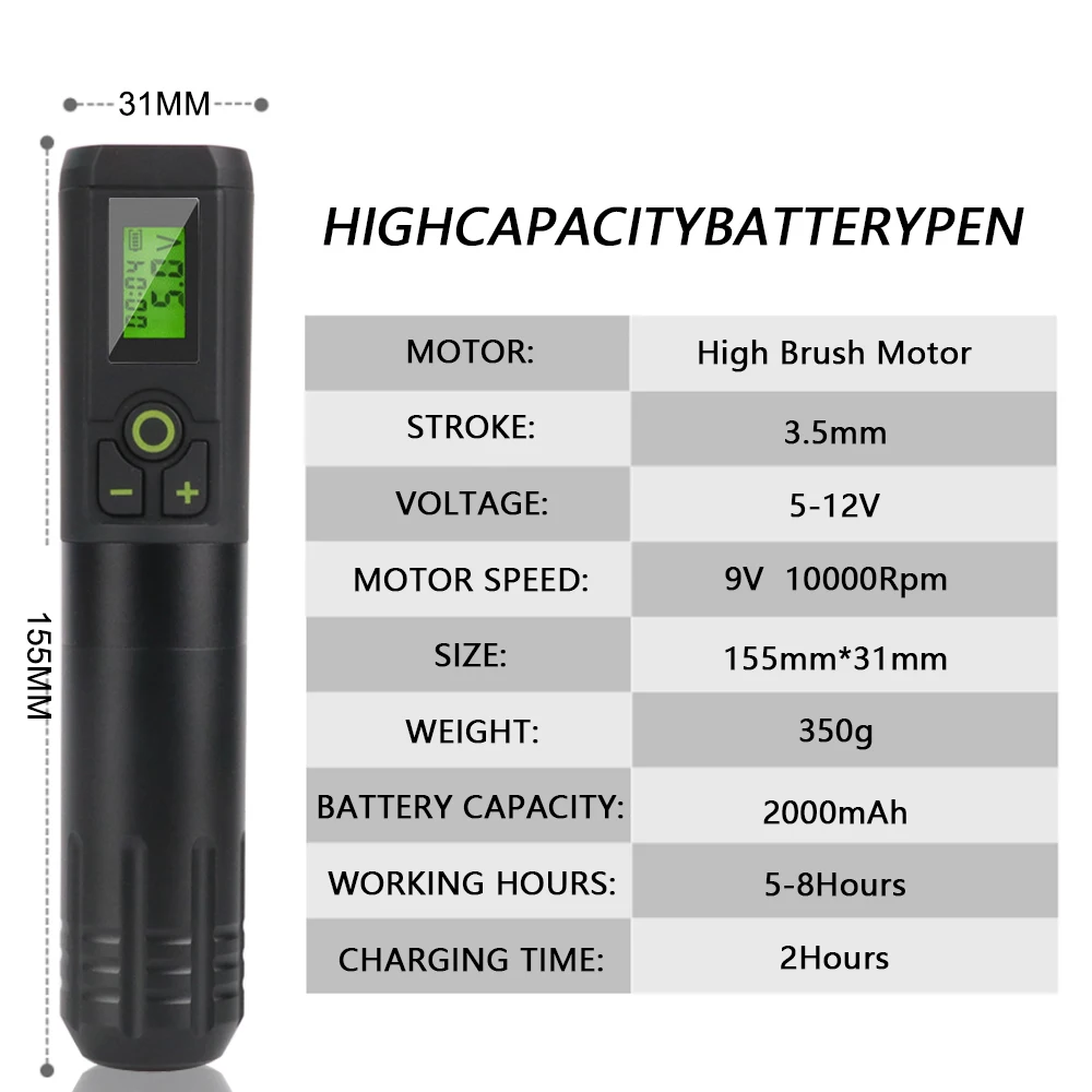 เครื่องสักแบบไร้สาย2000มิลลิแอมป์ต่อชั่วโมงปากกาแบตเตอรี่ลิเธียมหน้าจอดิจิตอลสำหรับชุดสักลายมือใหม่แต่งหน้าถาวร