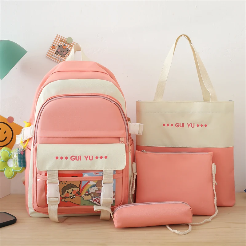 

4 Piece Set Multi-pocket school bags for girls Candy color backpack for kids Kawaii Korean style backpack women 4 Pcs school bag