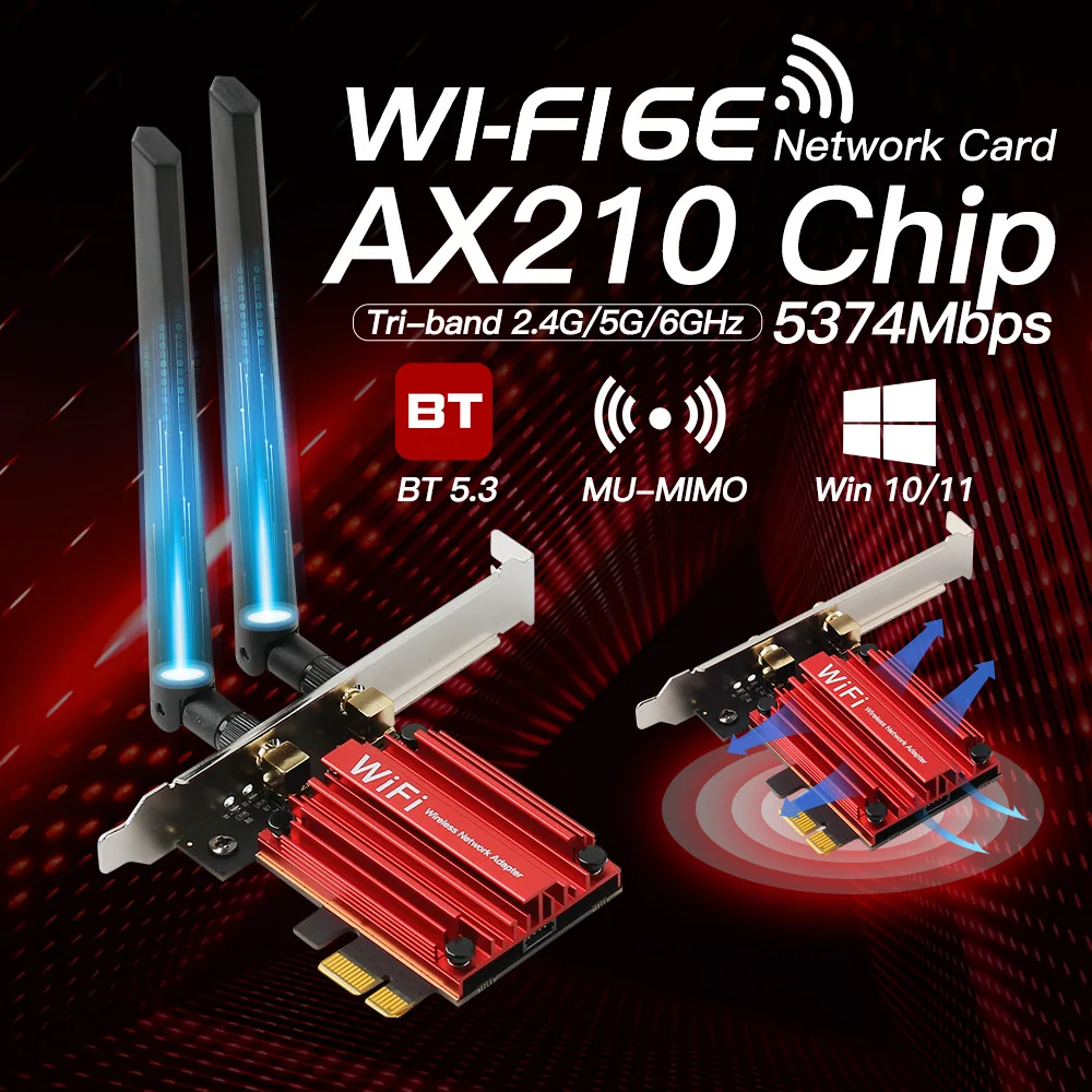 5374Mbps WiFi 6E AX210 Bluetooth 5.3 Tri Band 2.4G/5G/6Ghz AX210NGW 802.11AX PCIe Wireless Network Card Adapter Win10/11